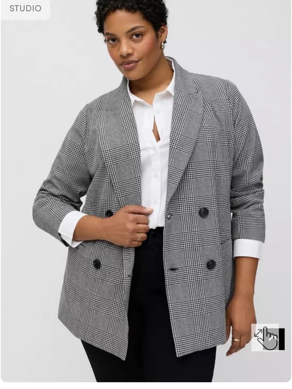 torrid Gray Glen Plaid Relaxed Double-Breasted Crepe Blazer